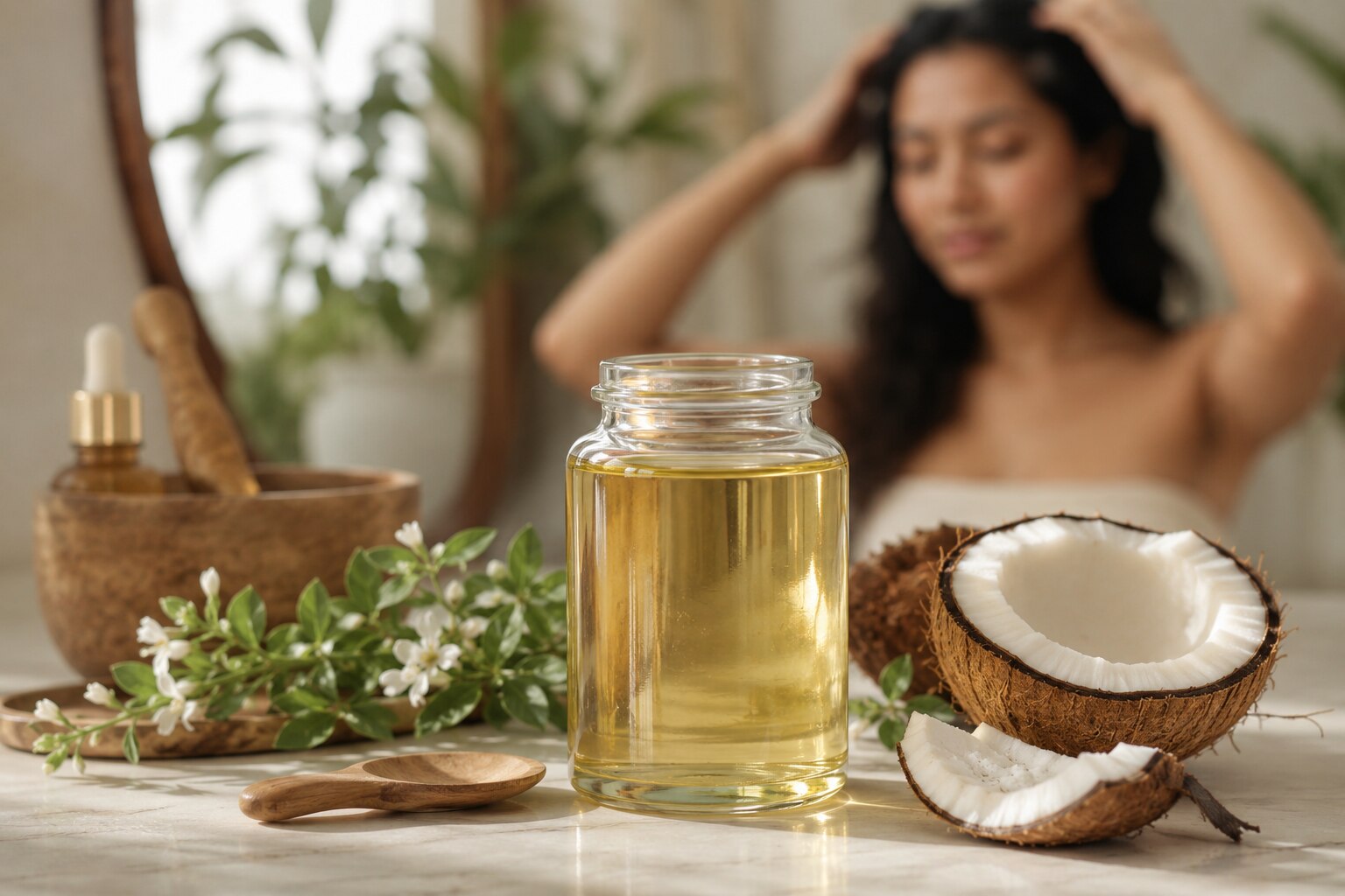 glass jar of bacopa monnieri infused coconut oil beside fresh coconut, herbs, and natural hair care tools on a bathroom counter