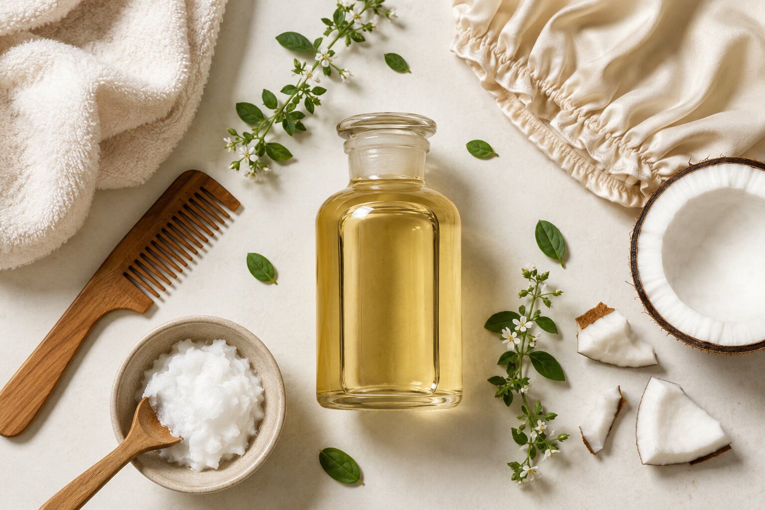 Flat lay of bacopa monnieri infused coconut oil with coconut pieces, wooden comb, towel, shower cap, and natural hair care ingredients