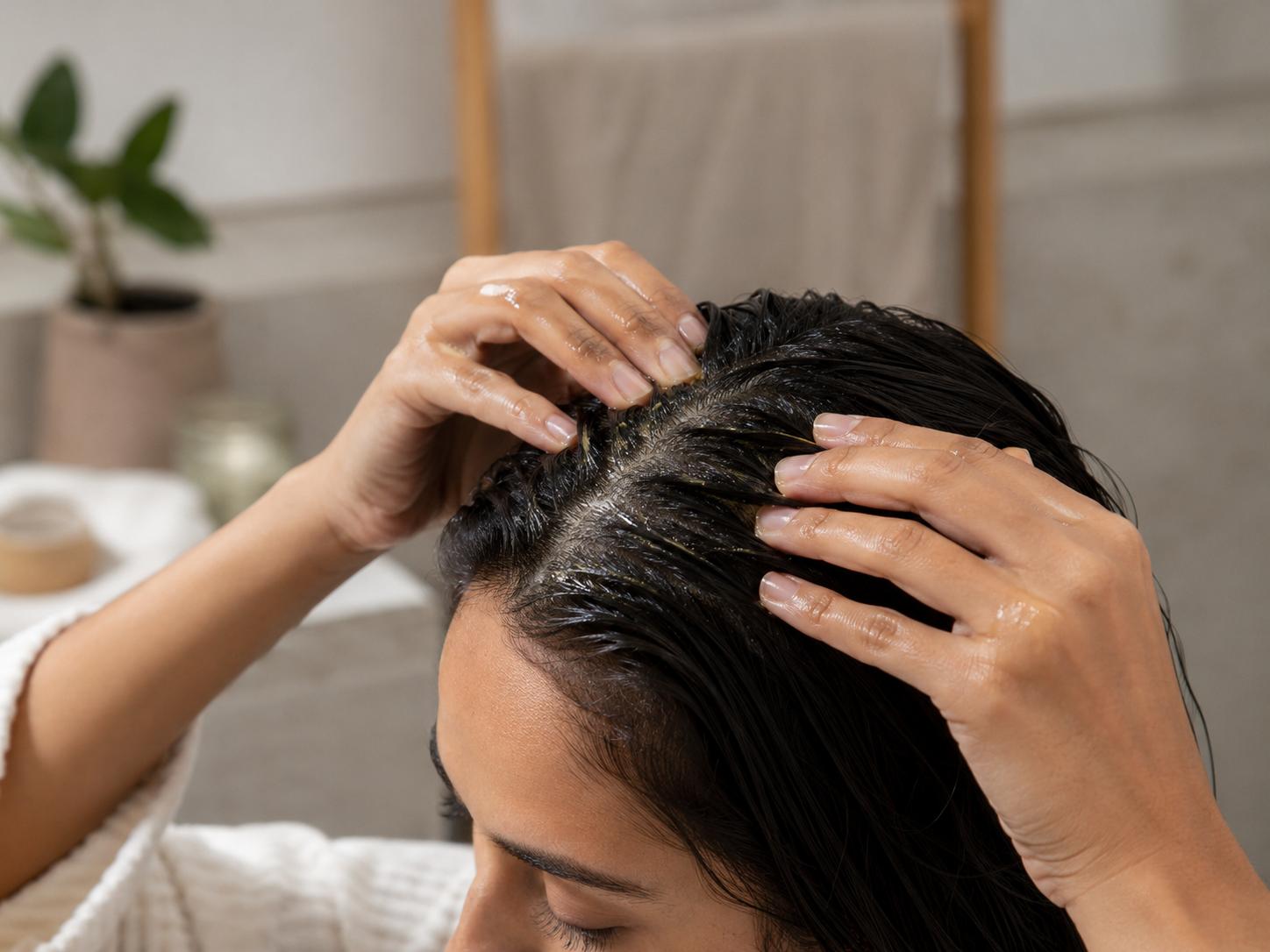 Person gently massaging natural oil into the scalp as part of a healthy hair care routine